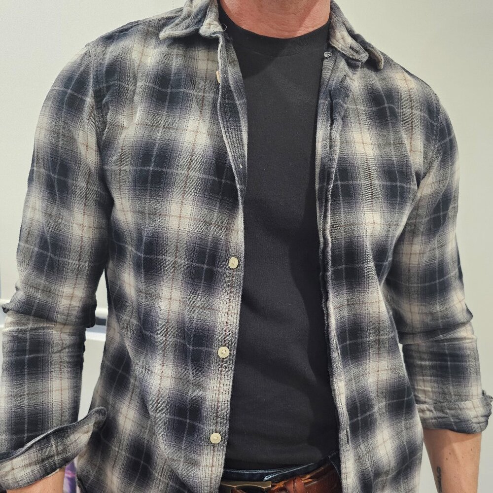 ALLSAINTS Plaid Flannel Button-Up Shirt – Men’s Medium – Grey/Black Check